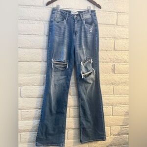 Fashion Nova Distressed Flare Jeans Size 7 High Rise Medium Wash Stretch